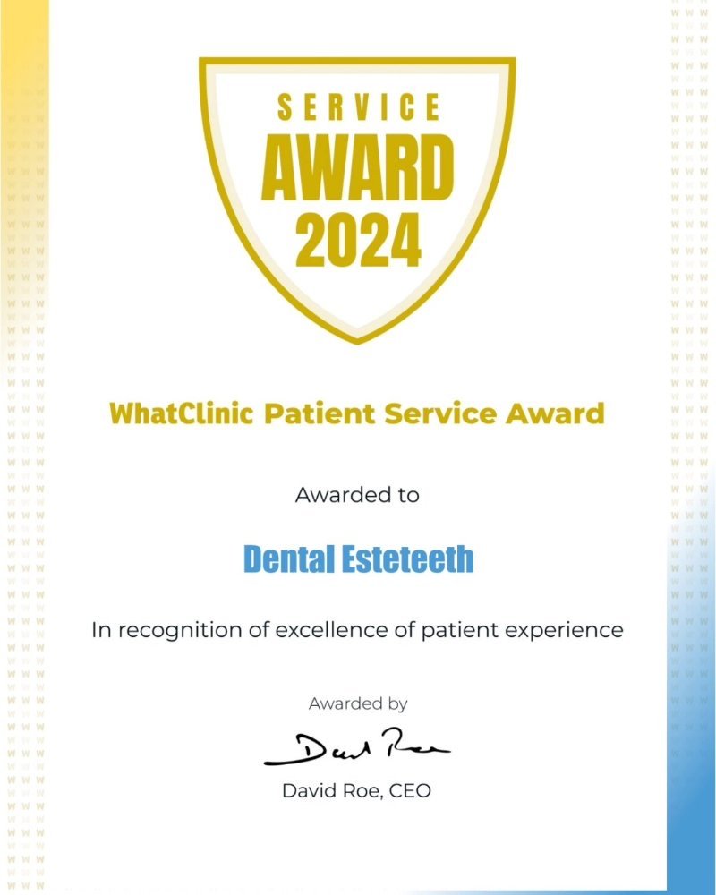 WhatClinic Patient Service Award 2024, awarded to Dental Esteteeth